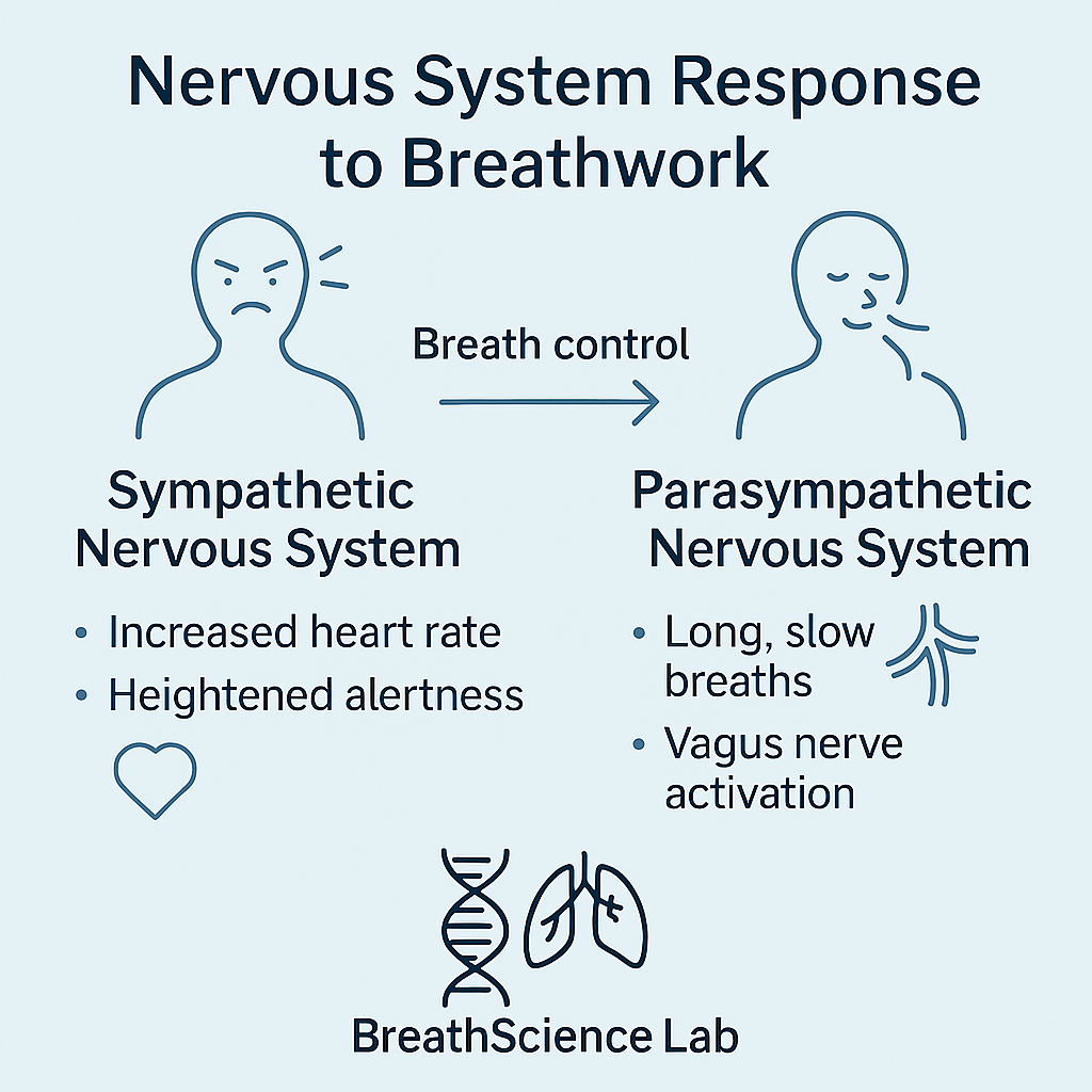 Diagram showing breath control shifting the nervous system from stress (sympathetic) to calm (parasympathetic) through vagus nerve activation