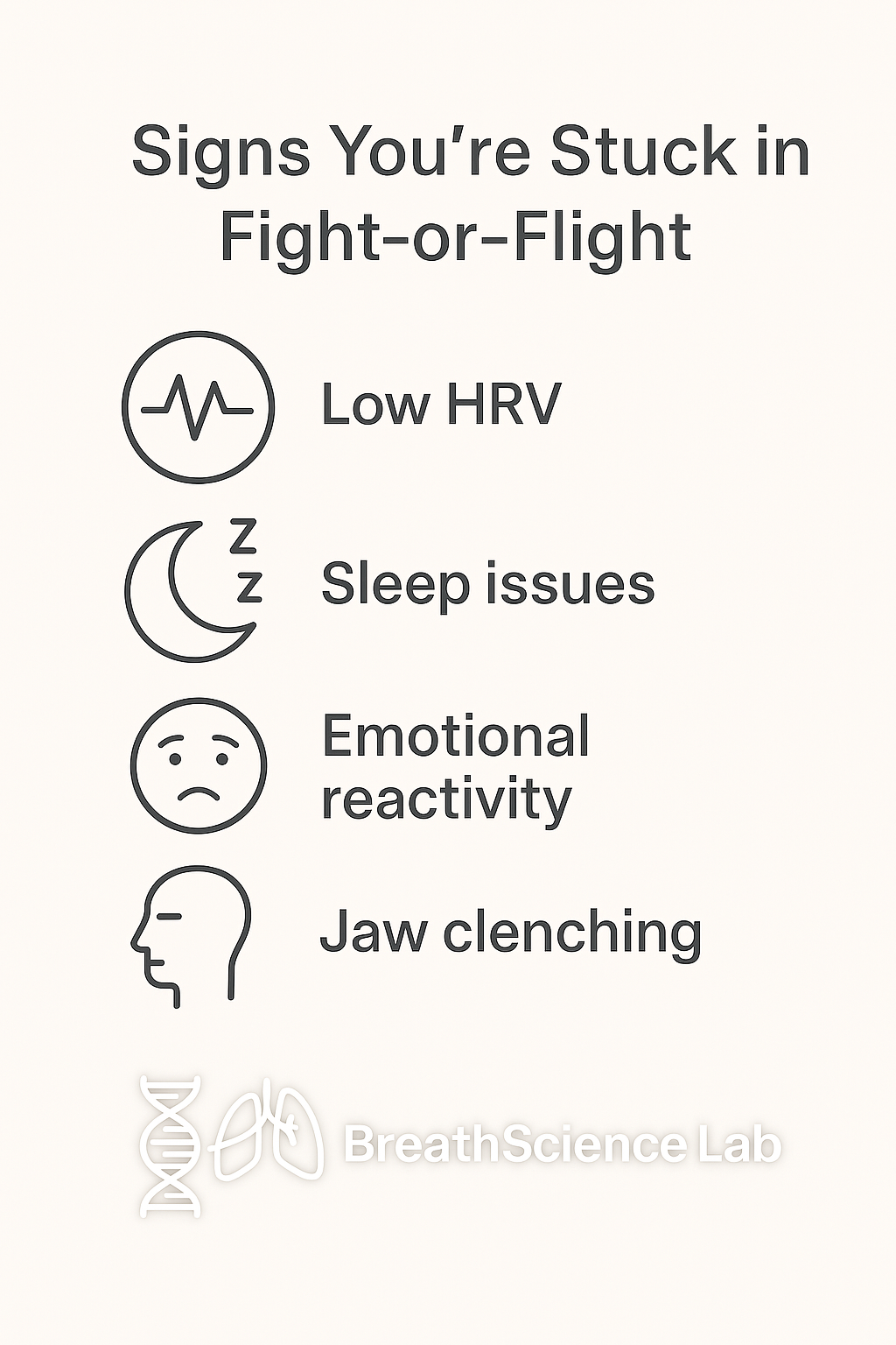 Visual list of symptoms associated with sympathetic dominance such as low energy, shallow breathing, and low HRV