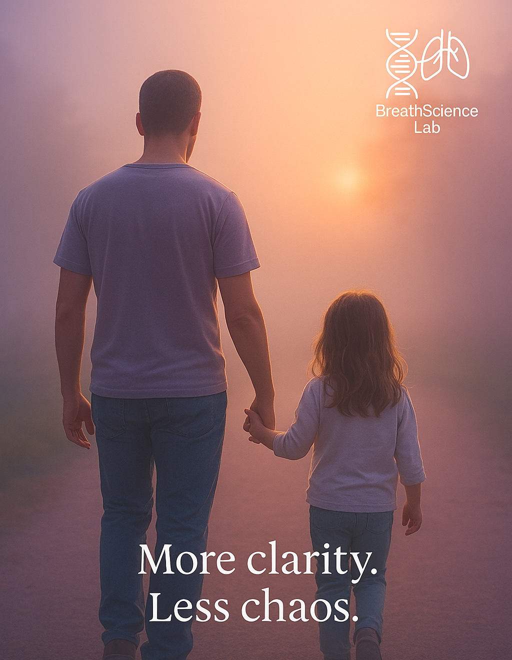 Rear view of adult and child walking hand-in-hand into a soft morning glow, symbolizing calm connection and clarity