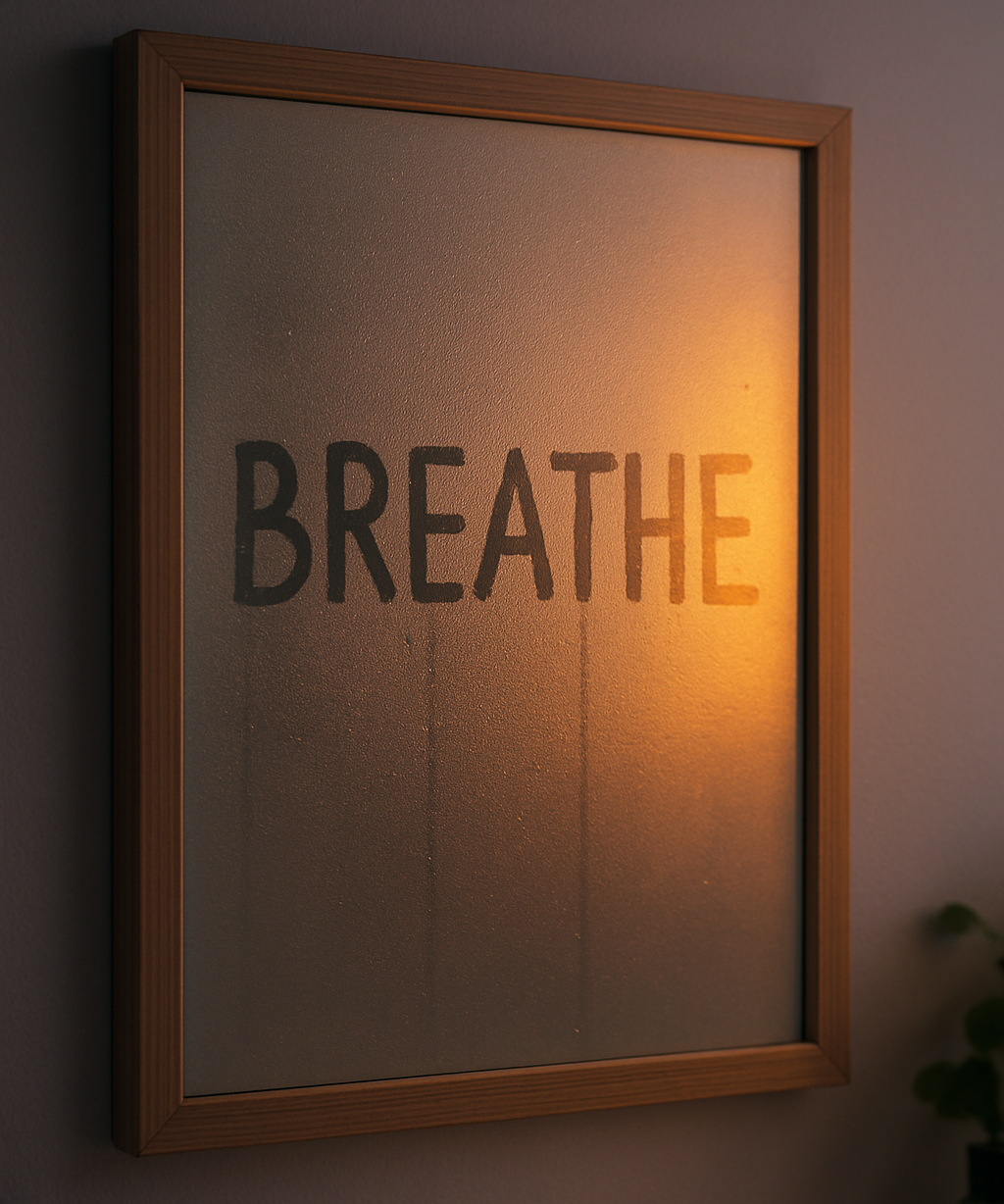Home bathroom mirror with the word ‘BREATHE’ written in condensation, soft light shining through.