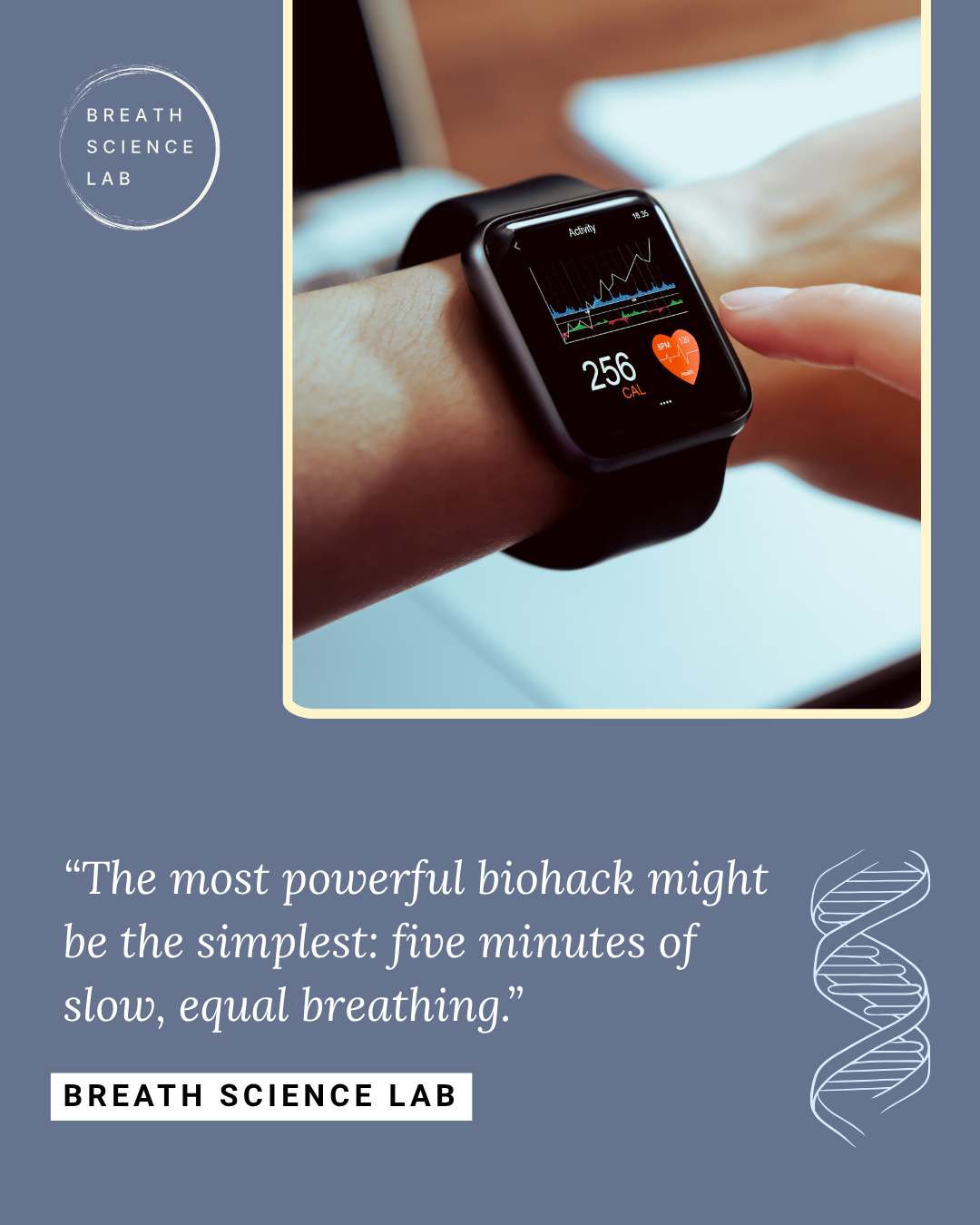 Quote image emphasizing five-minute slow breathing as the foundation of recovery and longevity.