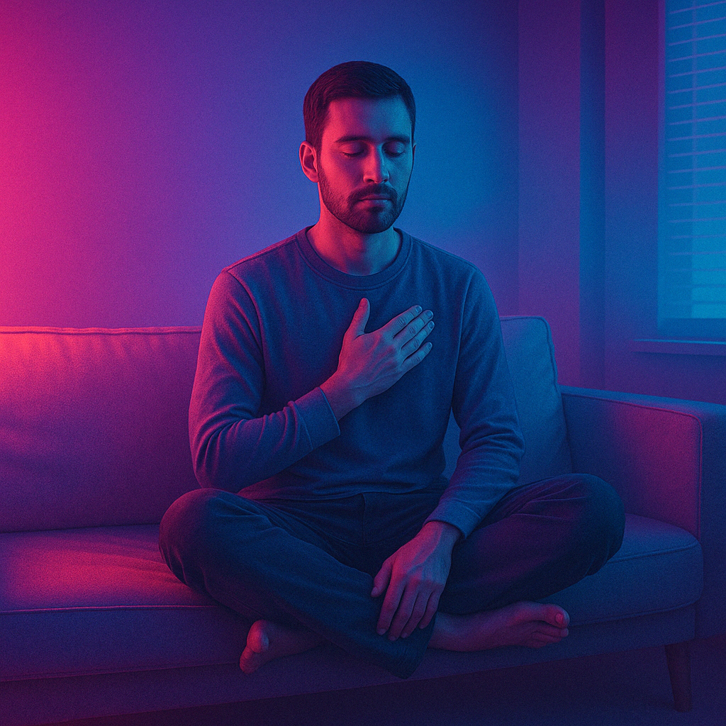 Synthwave breathwork scene with man seated calmly, hand on heart, in neon light.