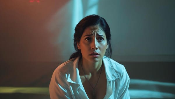 Woman with anxious expression sitting on bed in soft moody lighting, representing stress and overwhelm before breathwork recovery.